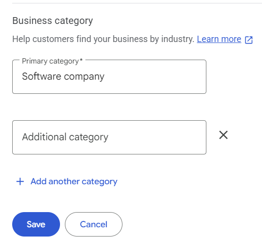 Google Business Profile Business category section showing the Primary category and Additional category fields